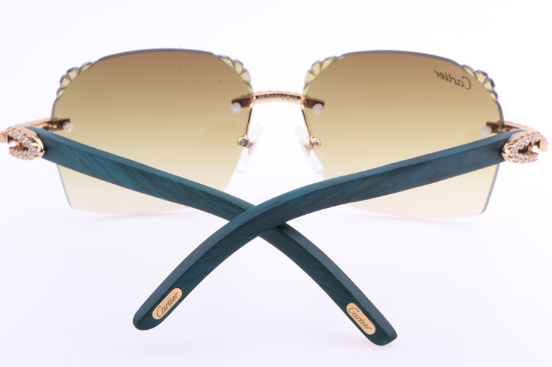 CT 8300818 Big Diamonds Engrave Lens Green Wood Sunglasses In Gold Brown