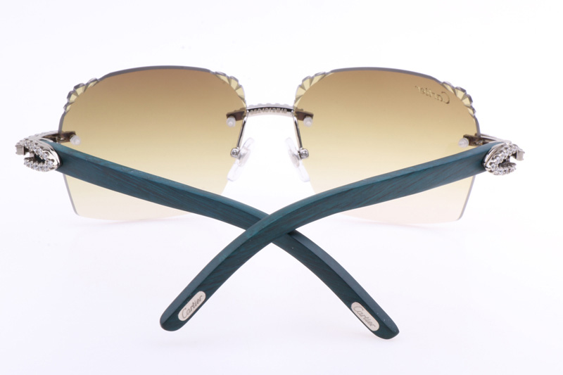 CT 8300818 Big Diamonds Engrave Lens Green Wood Sunglasses In Silver Brown